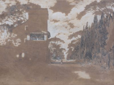painting of a house with a gate and trees in front of it