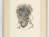 painting of a skull with flowers in it on a white wall