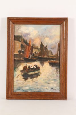 an oil painting of a boat with people in it on the water