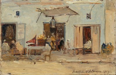tableau représentant une scène de rue avec des personnes assises à l'extérieur d'un immeuble