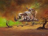 an image of a painting of a skeleton riding on top of a horse