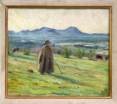 an oil painting of a man standing in a field with cows