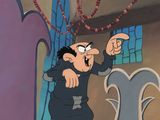 a cartoon of a man in a black suit pointing at something
