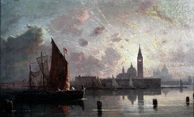 a painting of a boat on the water with a city in the background