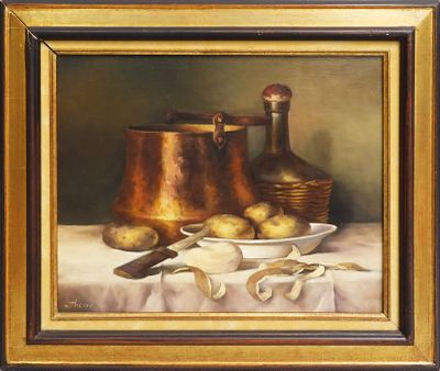 une peinture à l'huile représentant une nature morte avec un pichet, un bol et des pommes