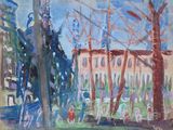 une image représentant un tableau sur lequel figurent un bâtiment et des arbres dans un parc