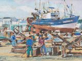 a painting of a group of people standing around a boat