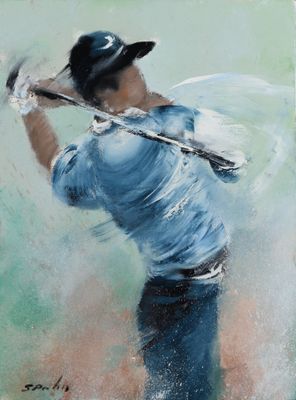un tableau représentant un homme brandissant un club de golf