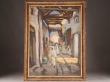 an image of a painting of a street scene with a man walking down the street