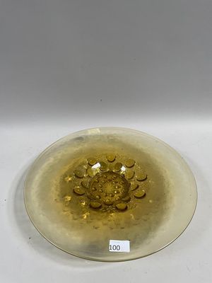 Grande COUPE à fruits en verre coloré jaune à décor de bulle…
