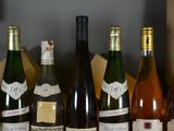 bottles of wine are lined up on a shelf in a wine shop