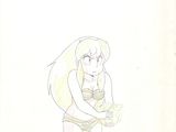 cartoon drawing of a woman in a bathing suit holding a banana
