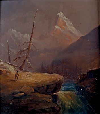 peinture représentant un paysage de montagne avec une rivière et un homme à cheval