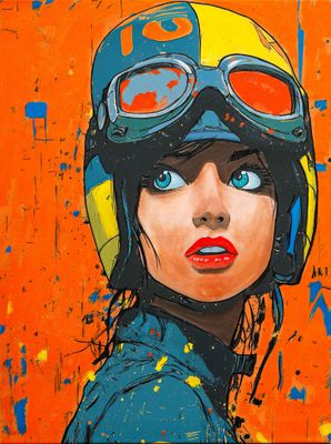 painting of a woman wearing a helmet and goggles on an orange background