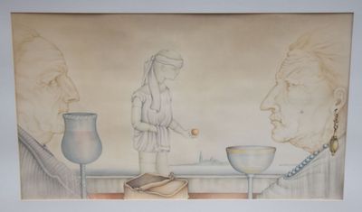 tableau représentant un homme et une femme assis à une table, à côté d'un verre à vin