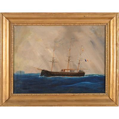 une peinture à l'huile représentant un navire en mer sur fond blanc