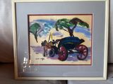 painting of a horse drawn carriage with a man on the back