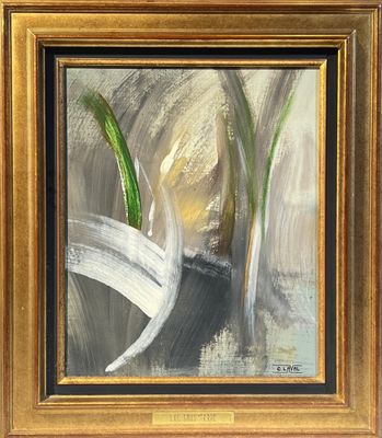 une peinture à l'huile représentant deux plantes vertes, dans un cadre doré