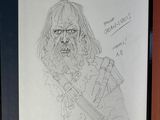 a drawing of a man with a beard holding a gun