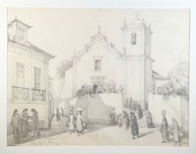 dessin représentant une scène de rue avec une église en arrière-plan