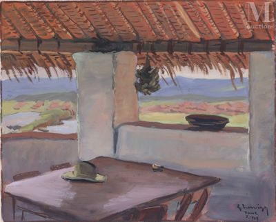 a painting of a table with a hat on it