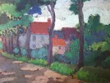 an oil painting of a country road with trees and houses in the background