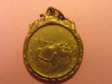 une médaille d'or représentant un cheval sur un fond rose