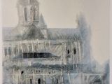 peinture représentant un vieux bâtiment avec une tour horloge en son centre