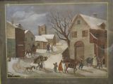 a picture of a painting of people and horses in the snow