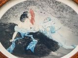 a picture of a woman sitting on a chair with a fan in her hand