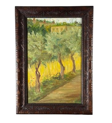 une peinture à l'huile représentant un chemin traversant un champ de fleurs jaunes