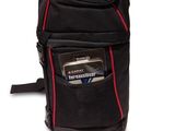 a black bag with a credit card and a wallet in it