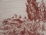 dessin représentant un paysage avec des arbres et une maison au loin