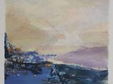an oil painting of a beach scene with blue water and trees