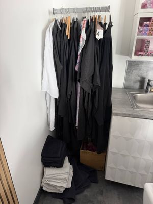 un placard avec des vêtements suspendus à une tringle dans un coin de la pièce