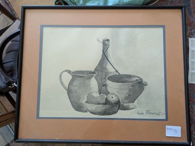 une photo d'un dessin représentant une nature morte avec une bouteille et un bol