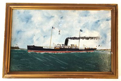 an oil painting of a steam ship in the ocean on a white background
