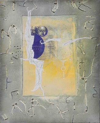 painting of a woman doing a yoga pose in front of a yellow and gray background