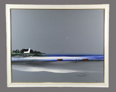 tableau représentant un bateau sur un plan d'eau, avec un phare en arrière-plan