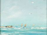 un tableau représentant une scène de plage avec des voiliers sur l'eau