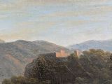 a painting of a man riding a horse in the mountains