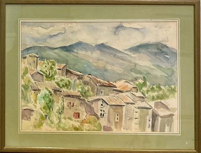 a watercolor painting of a village in the mountains
