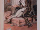 a drawing of a man and a woman laying on a bed