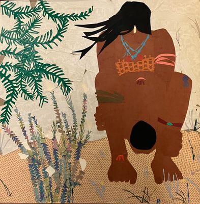 a painting of a woman sitting on the ground next to a plant