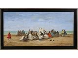 tableau représentant un groupe de personnes sur une plage, avec un cheval et une calèche au premier plan