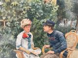 a painting of a man and a woman sitting in a chair