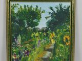 an oil painting of a path through a garden with sunflowers