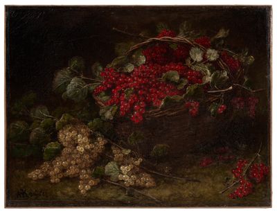 un tableau représentant des baies dans un panier posé sur une table
