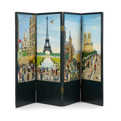 a room divider with a painting of a city and a tower