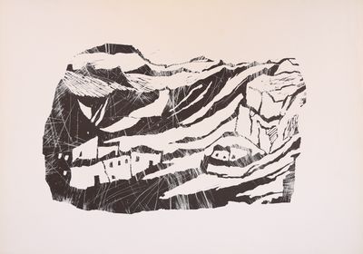 un dessin en noir et blanc représentant un rocher avec une montagne en arrière-plan